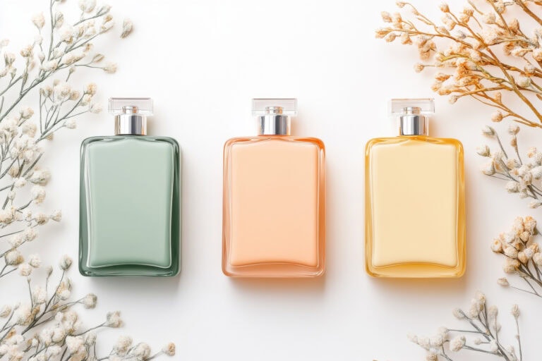 luxury perfumes with coral bottles and muted green packaging